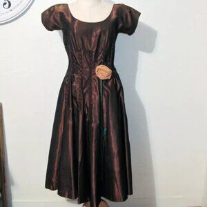 1940s 50s Brown Rayon Sharkskin Cocktail Dress Charella of California Flower